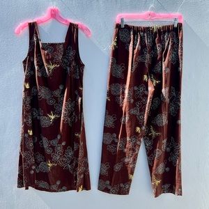 VTG Brown Floral Sequined Butterfly Tunic Tank and Pant Set